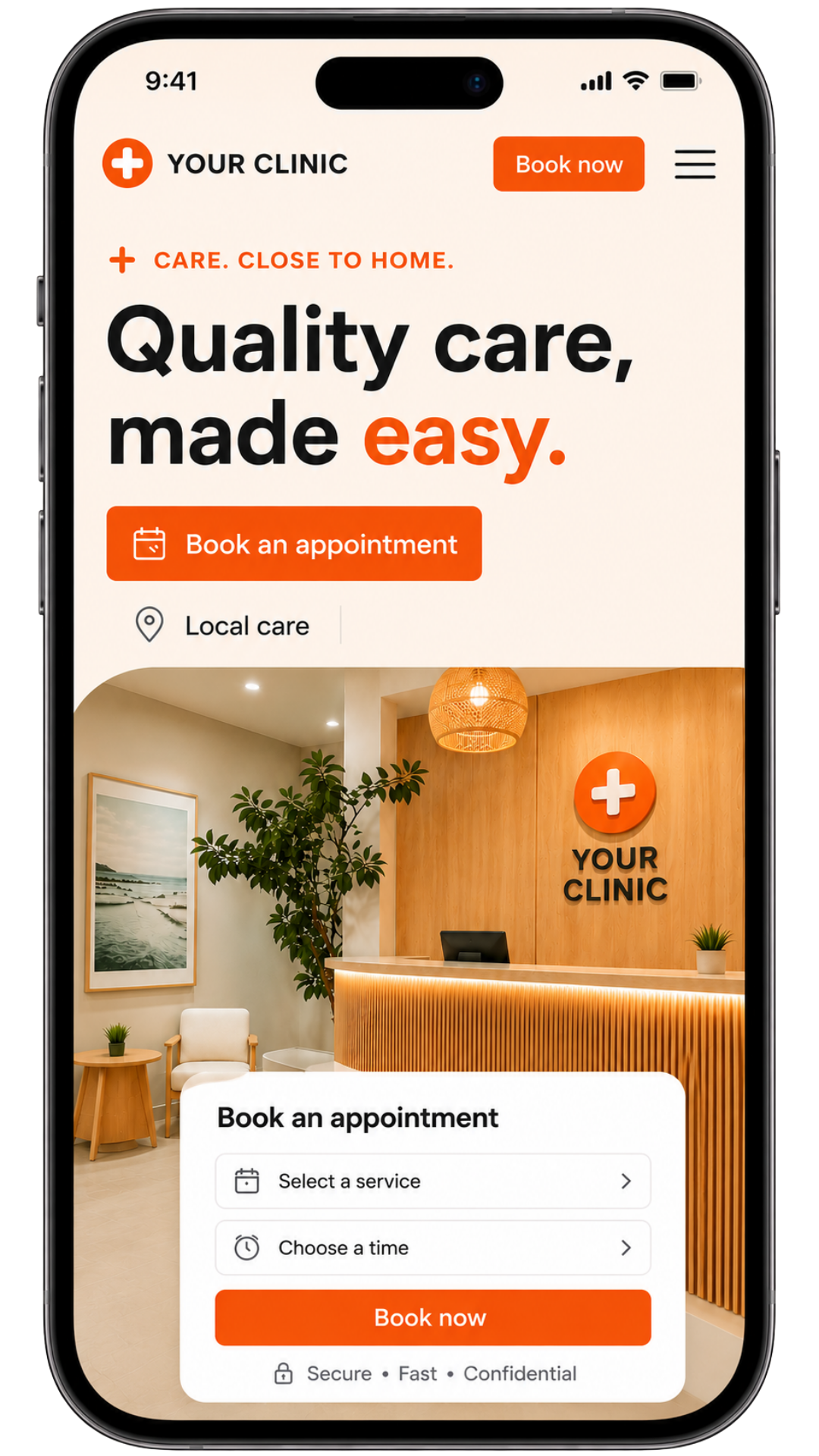 Example clinic website homepage — mobile view